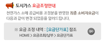 도시가스 요금조정안내. 천연가스 소매공급비용 조정분을 반영한 최종 소비자 요금이 다음과 같이 변경 되었음을 알려드립니다. 요금조정내역:요금단가표 참조 HOME > 요금조회/납부 > 요금단가표 go