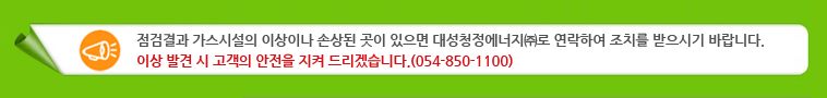 점검결과 가스시설의 이상이나 손상된 곳이 있으면 대성청정에너지(주)로 연락하여 조치를 받으시기 바랍니다. 이상 발견 시 고객의 안전을 지켜 드리겠습니다. (054-850-1100)