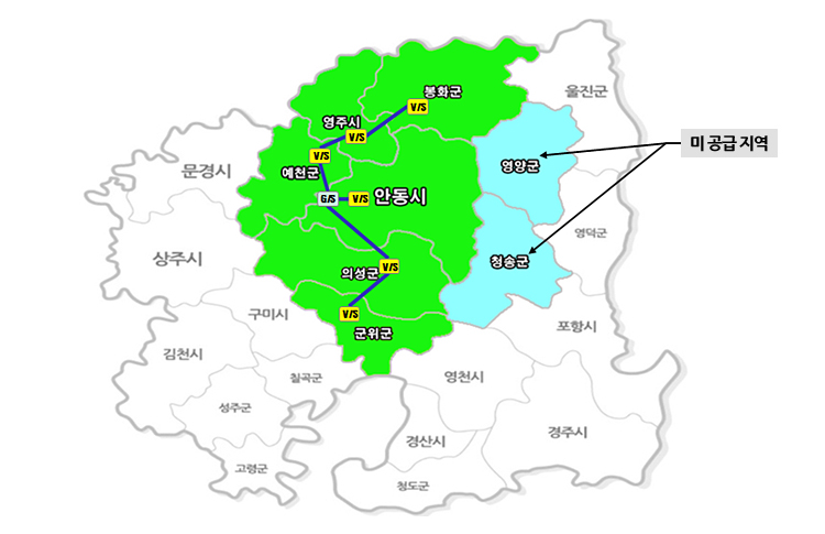 공급권역 지도 이미지 - 공급권역 : 안동시, 영주시, 예천군, 봉화군, 의성군, 군위군 / 미공급지역 : 영양군, 청송군